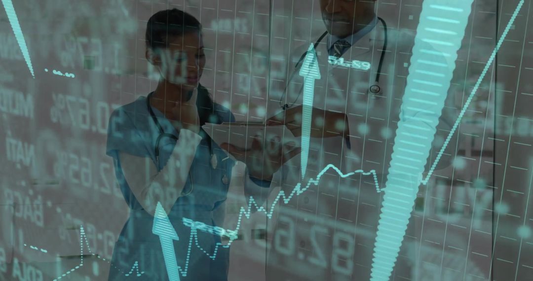 Healthcare Professionals Analyzing Digital Data with Futuristic Charts