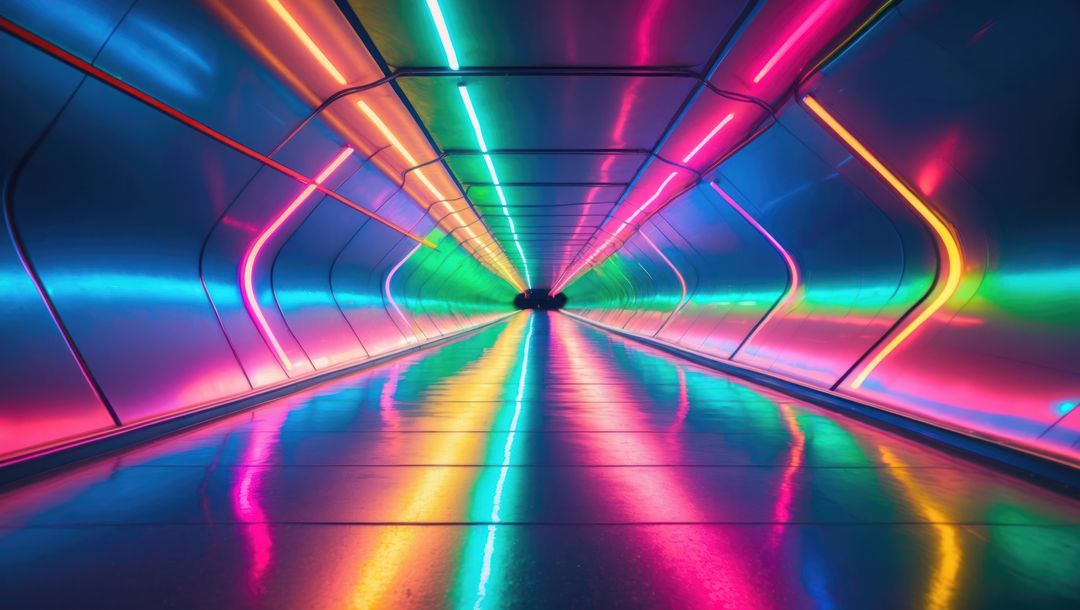 Futuristic Neon Tunnel with Vibrant LED Lights and Reflective Surface