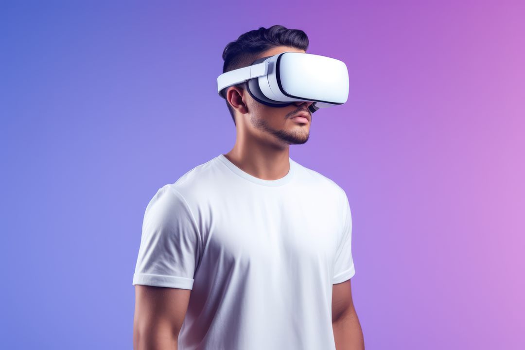 Caucasian man wearing vr and ar headset on purple background, created using generative ai technology - Free Images, Stock Photos and Pictures on Pikwizard.com