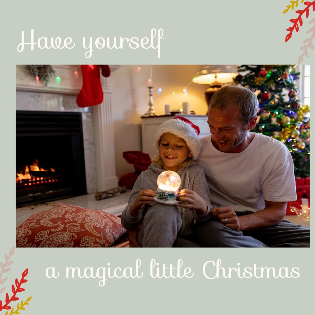 Father and Son Cherishing Christmas Time by Fireplace