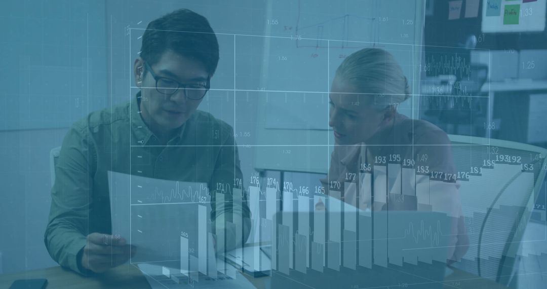 Diverse Team Analyzing Data with Holographic Chart Overlay