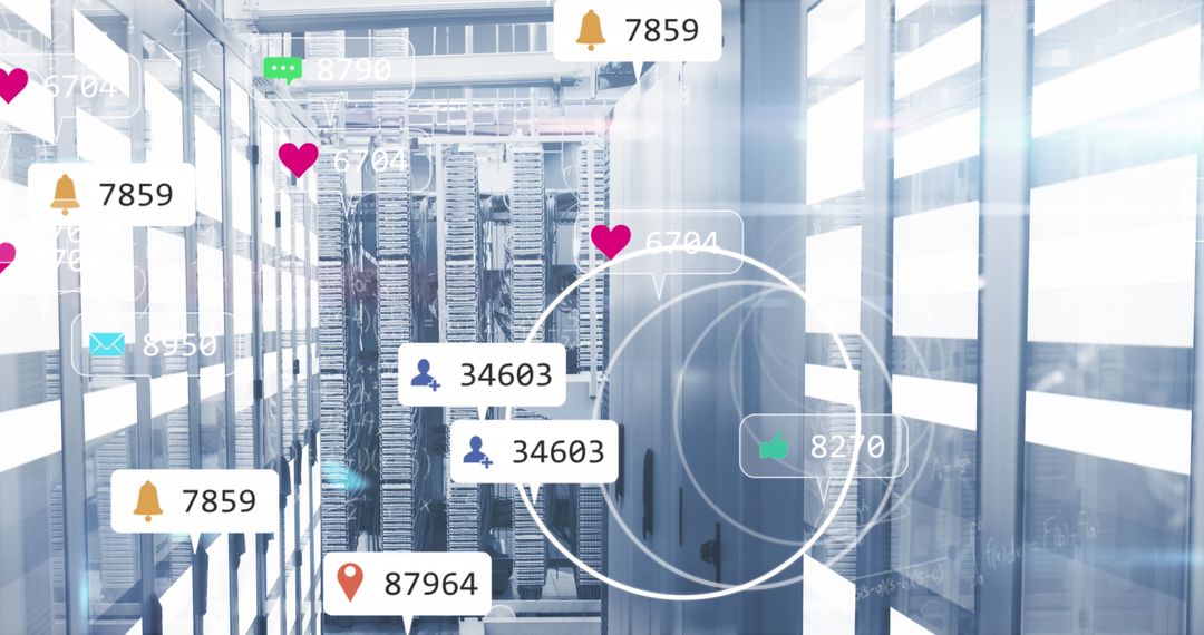 Futuristic Server Room with Social Media Interface Overlay