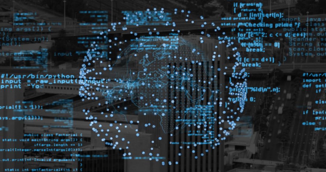 Digital Globe Overlaying Urban Metropolis with Neon Code, Data Nodes and Network Map