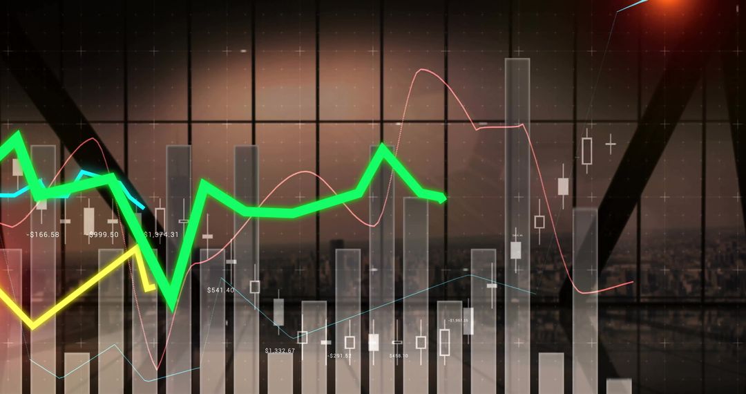 Financial Analysis with Cityscape View and Line Graphs