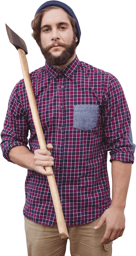 Transparent Image of Hipster Holding Axe in Plaid Shirt