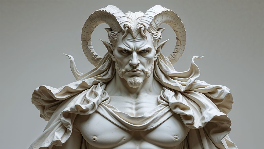 Marble sculpture satan bust of mythical figure with horns