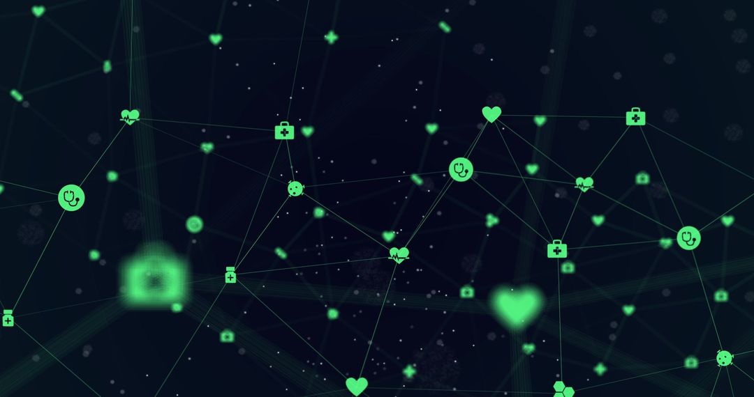 Futuristic Digital Network with Green Icons on Black Background