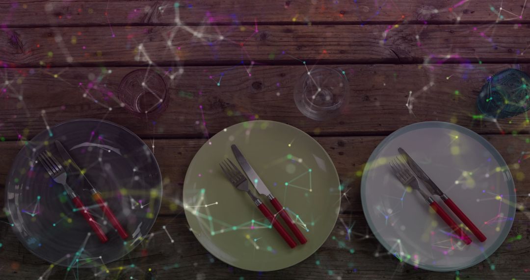 Interconnected Dining Setting with Network Overlay on Rustic Table