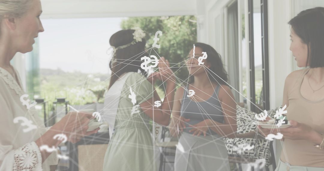 Multigenerational Women Toasting at Home with Global Currency Network Overlay