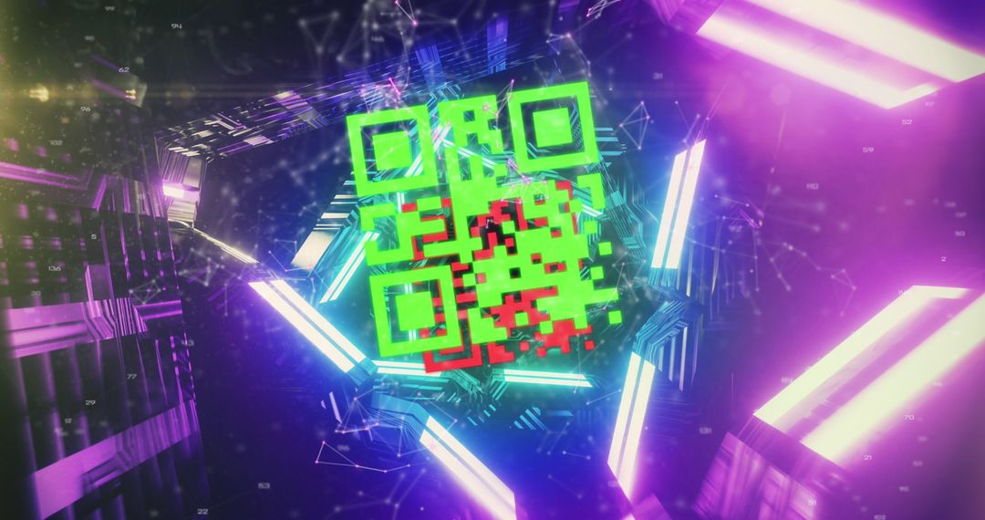 Abstract QR Code Over Sci-Fi Glowing Tunnel