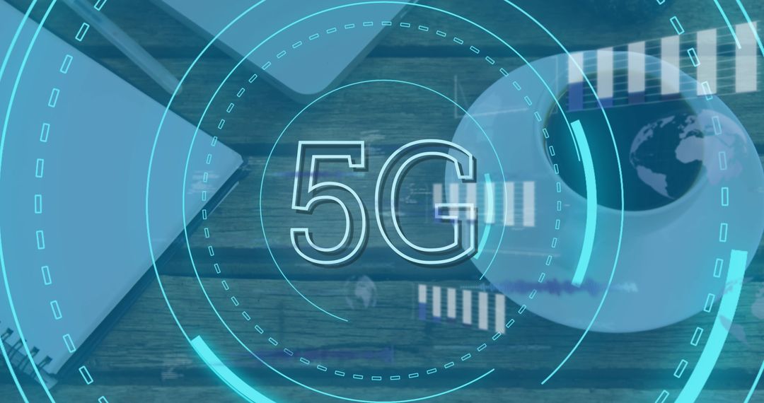 5G Data Processing with Laptop and Coffee on Wooden Table