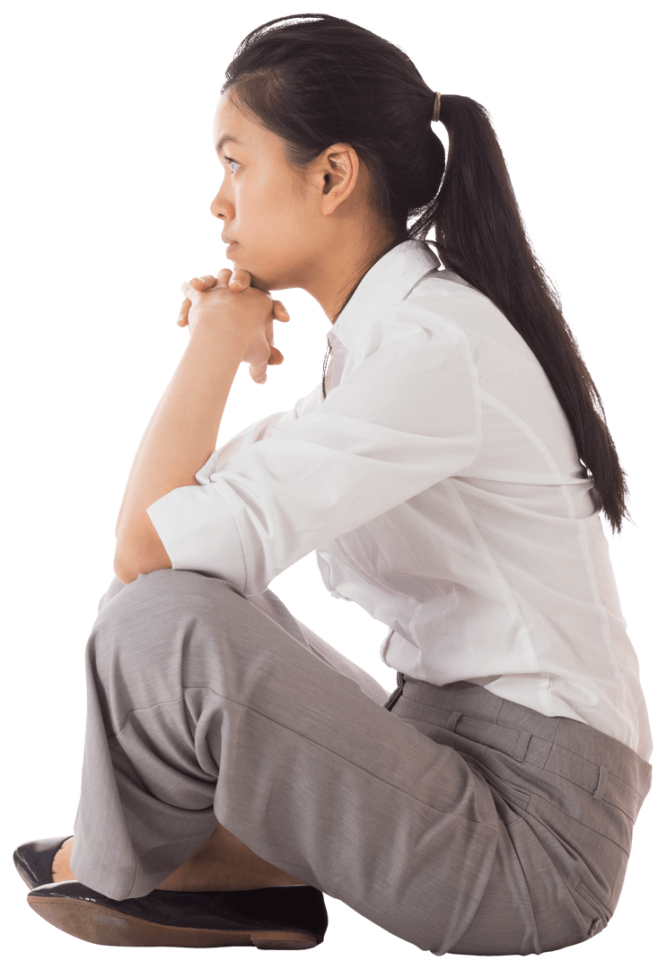 Transparent Businesswoman Sitting Cross Legged in Thoughtful Position