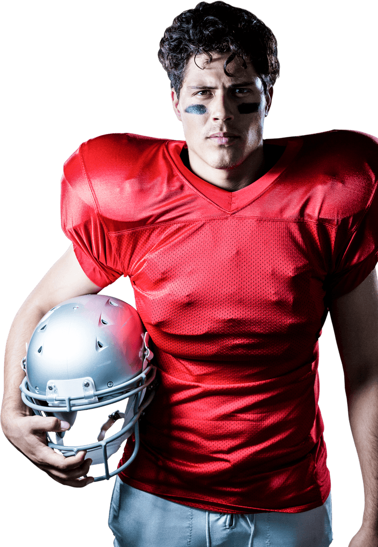 Focused Football Player in Red Jersey on Transparent Background
