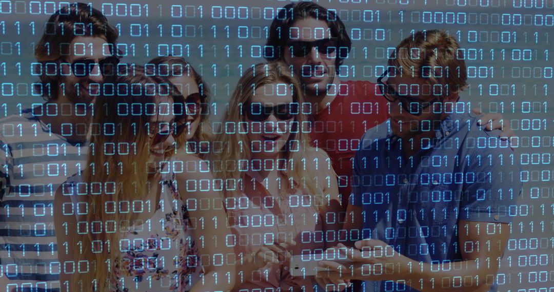 Friends Sharing Mobile Device with Digital Binary Overlay