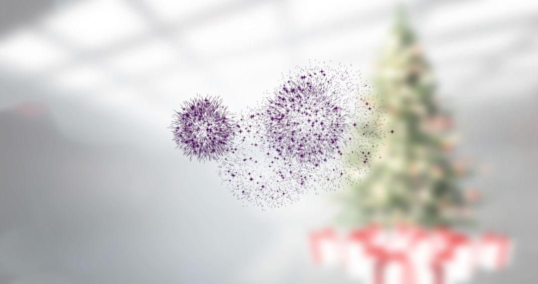 Floating Luminous Particle Spheres with Christmas Tree in Large Room