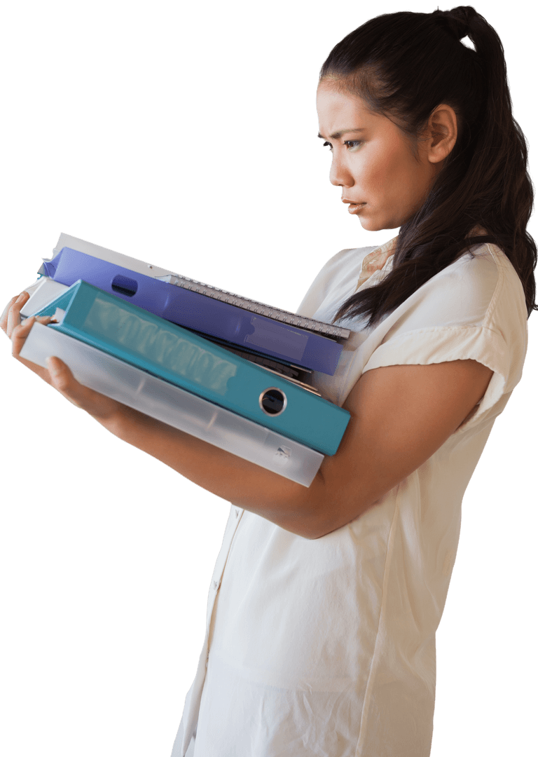 Focused Businesswoman Balancing Work with Transparent Background