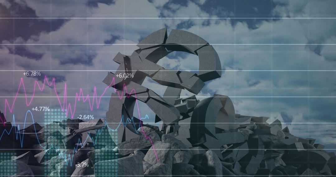 Shattered Euro Symbol with Financial Data Overlay in Cloudy Sky
