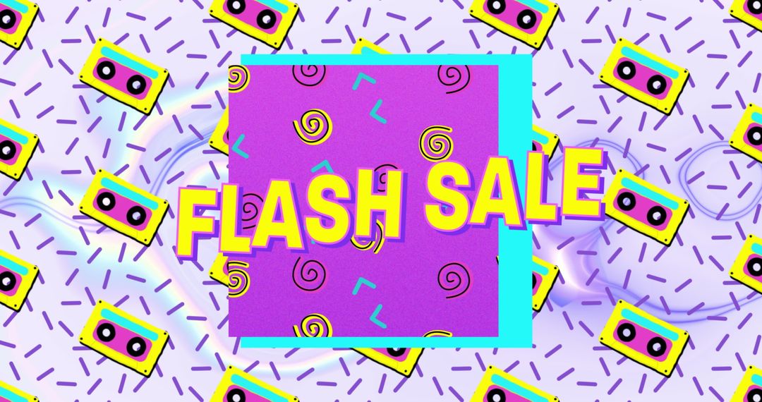 Vibrant Flash Sale Banner with Retro Cassette Pattern