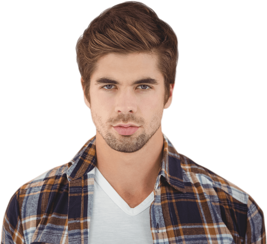Transparent Confident Young Man in Plaid Shirt Facing Forward