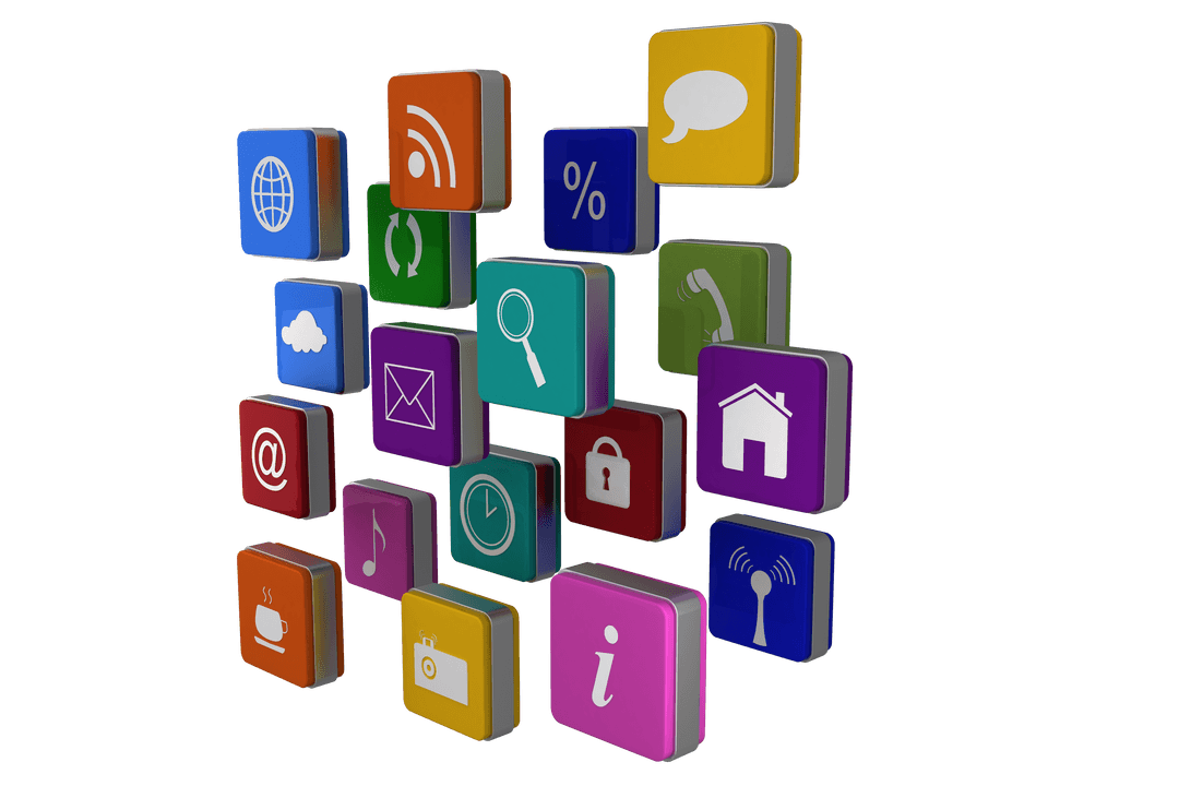 Colorful Digital Icon Cubes on Transparent Background