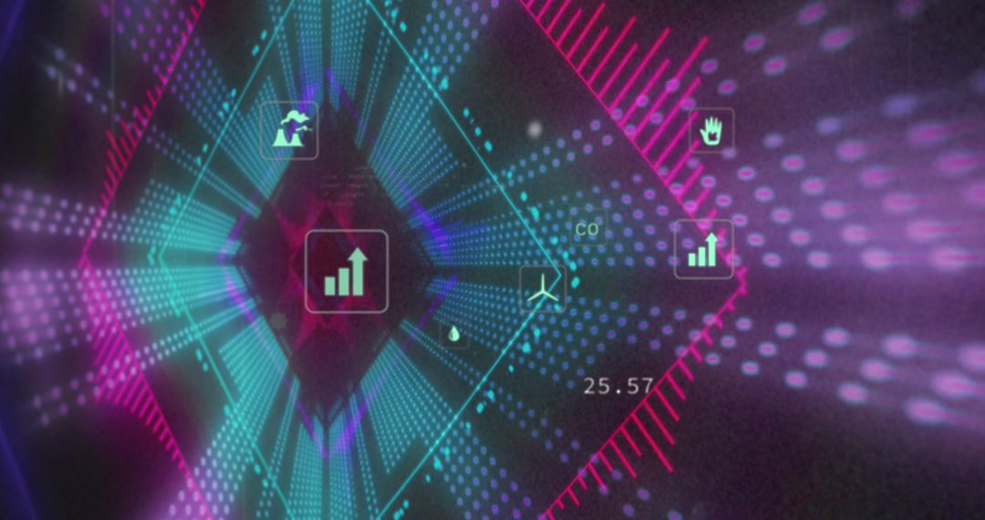 Ecology Icons Floating in Abstract Digital Tunnel