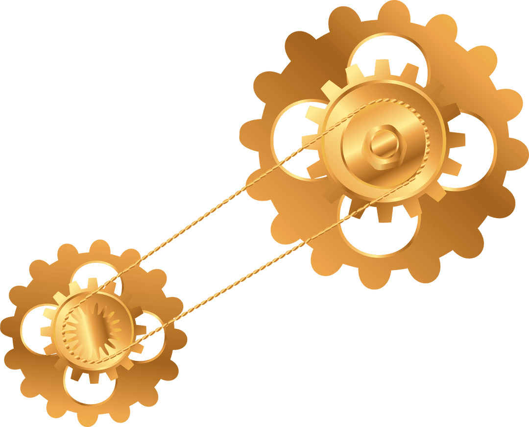 Golden Gears Rotating with Chain on Transparent Background