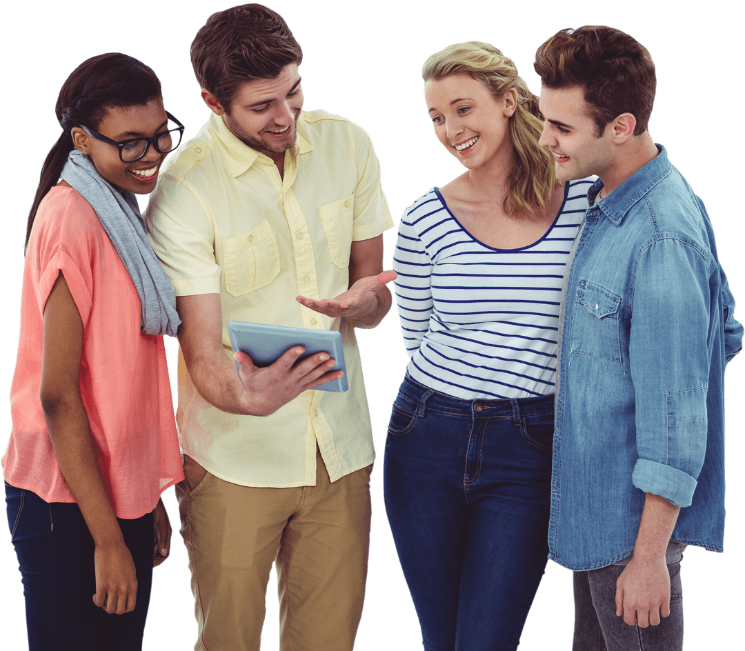 Dynamic Creative Team Collaborating on Tablet in Casual Office, Transparent Background