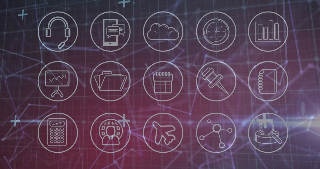 Business Icons Floating Over Digital Network Background