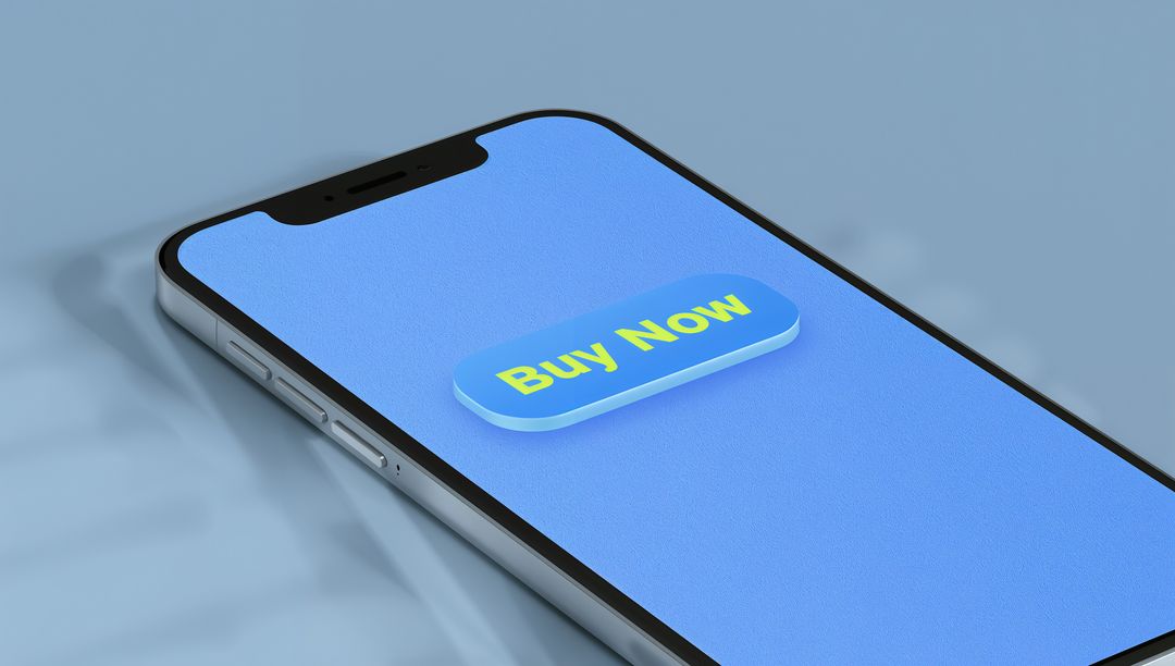 Smartphone showing 3D Buy Now button on pastel blue screen angled for ecommerce