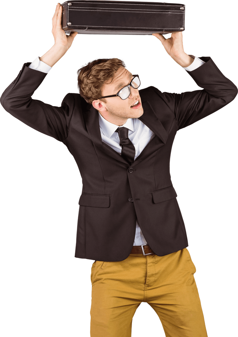 Transparent Businessman Holding Briefcase Above Head Geeks Out