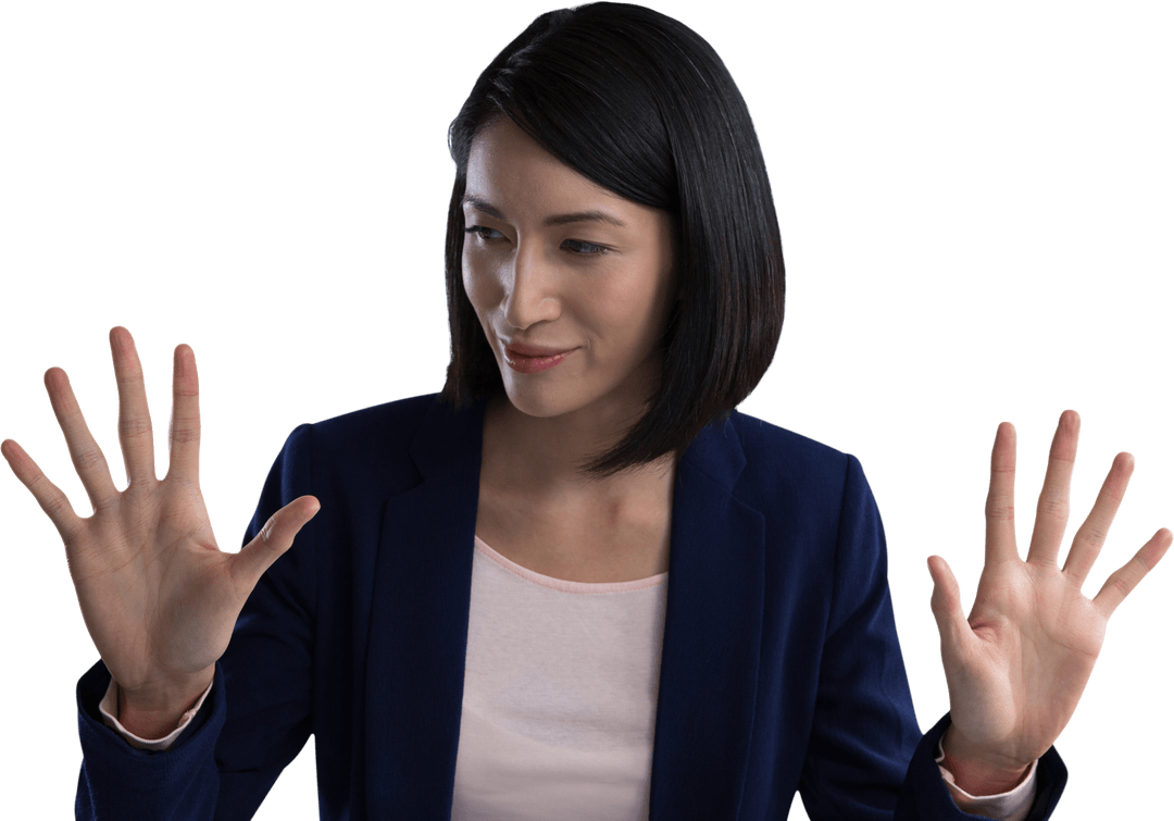 Transparent Technology Interaction by Businesswoman with Invisible Screen