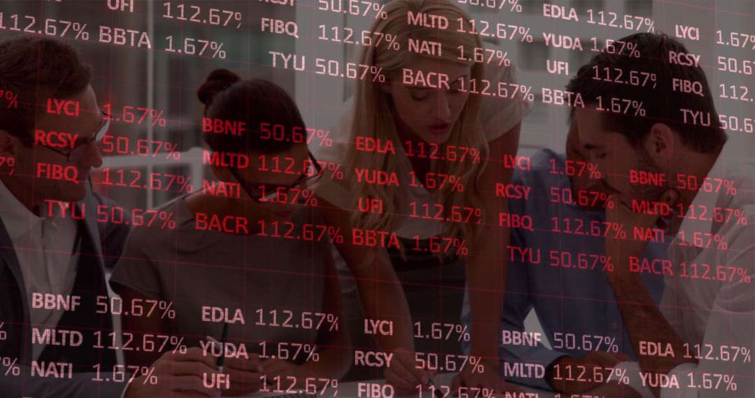 Team Analyzing Financial Data with Overlay of Stock Market Indicators