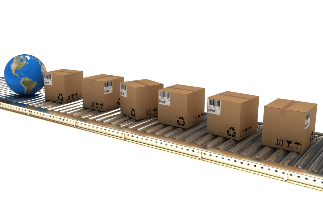 Transparent Boxes and Globe on 3D Conveyor Belt