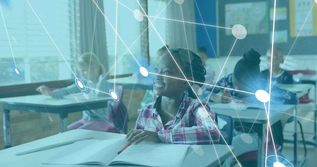 Smiling schoolgirl writing at desk with digital learning network overlay, engaged in class