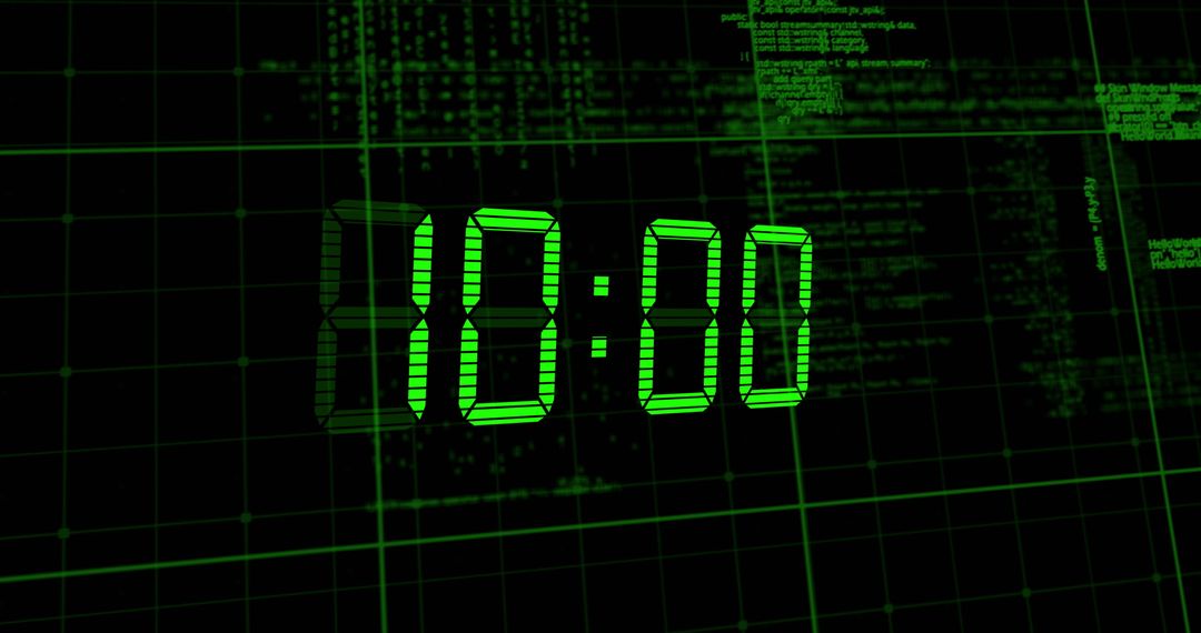 Green Digital Clock Overlay on Data Processing Background