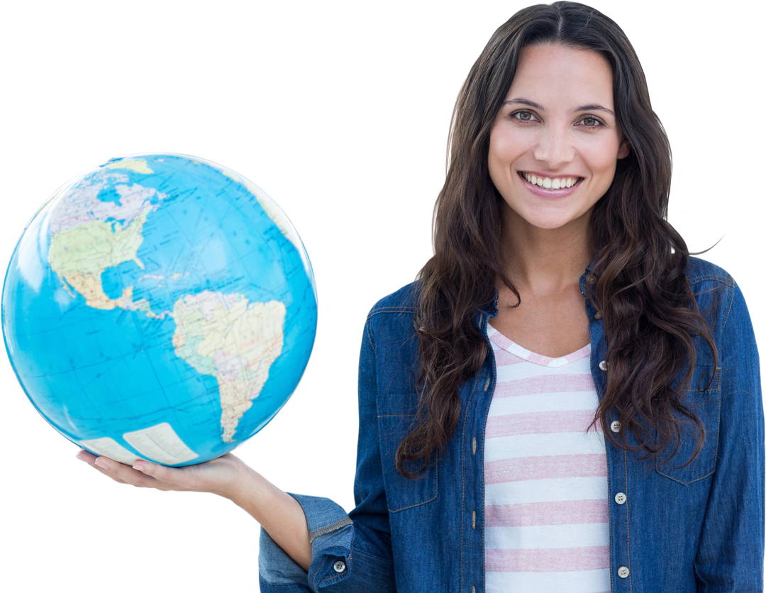 Happy Woman Holding Globe on Transparent Background, Smiling, Travel Concept - Download Free Stock Images Pikwizard.com