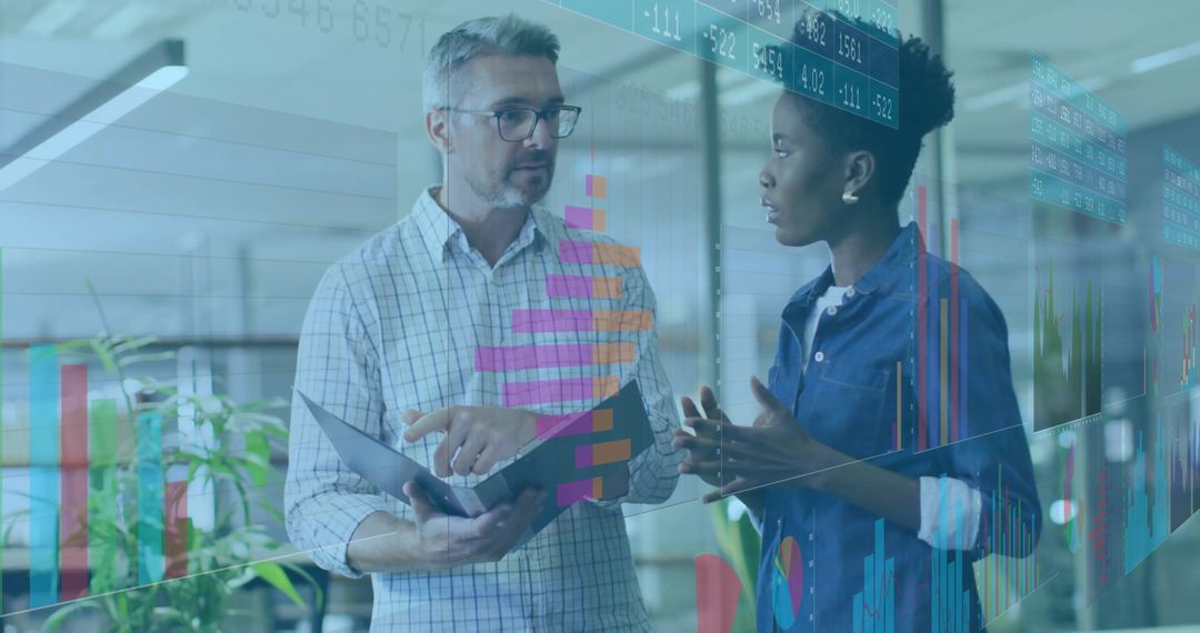 Diverse Coworkers Analyzing Data Projections in Modern Office