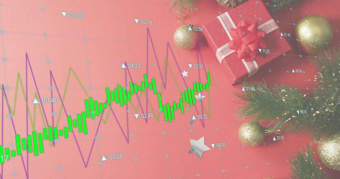Festive candlestick chart overlaying red tabletop with wrapped gift, gold ornaments and data lines