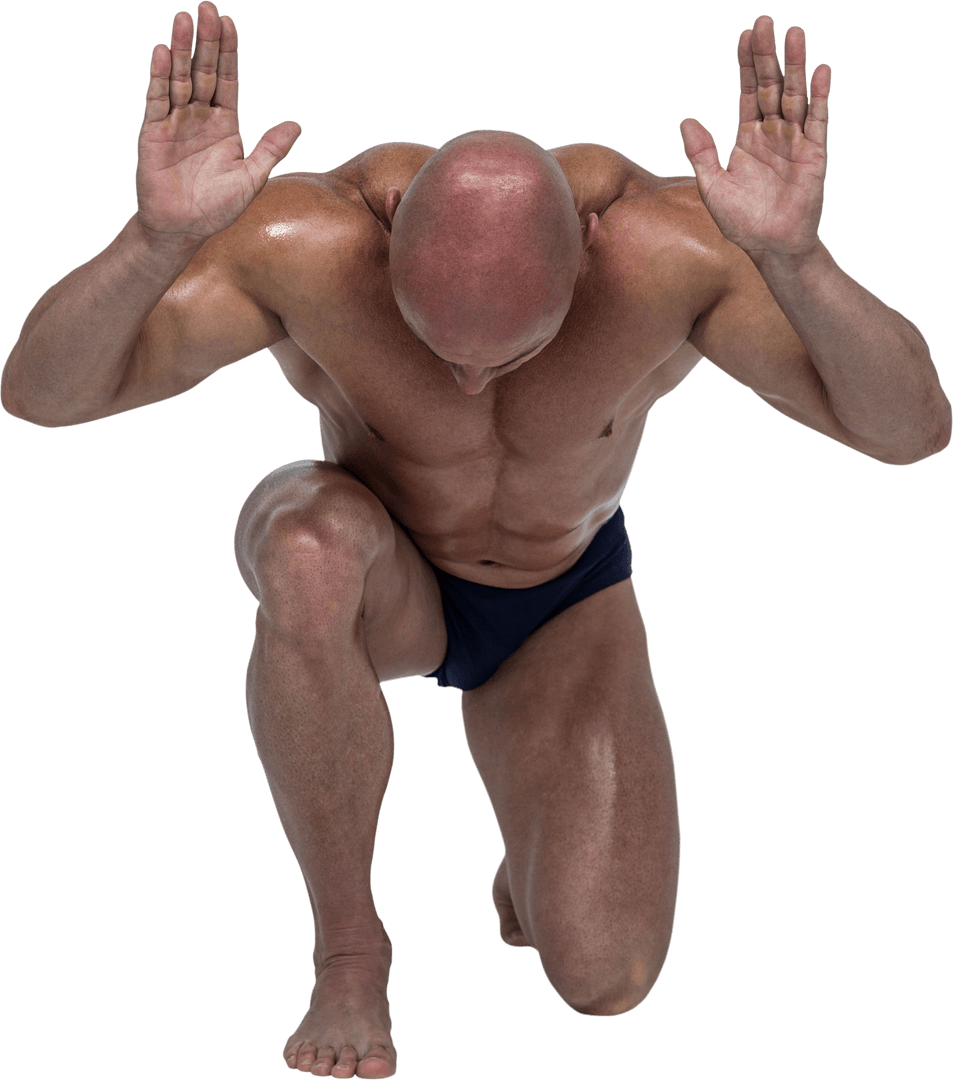 Transparent Muscular Man Kneeling with Raised Arms