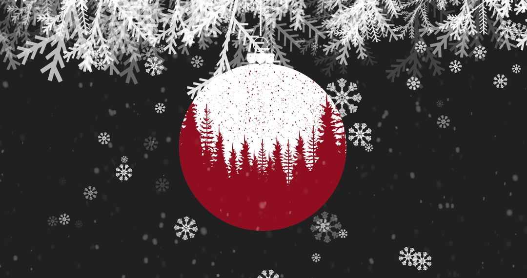 Festive Red Bauble with Snowy Fir Branches on Black