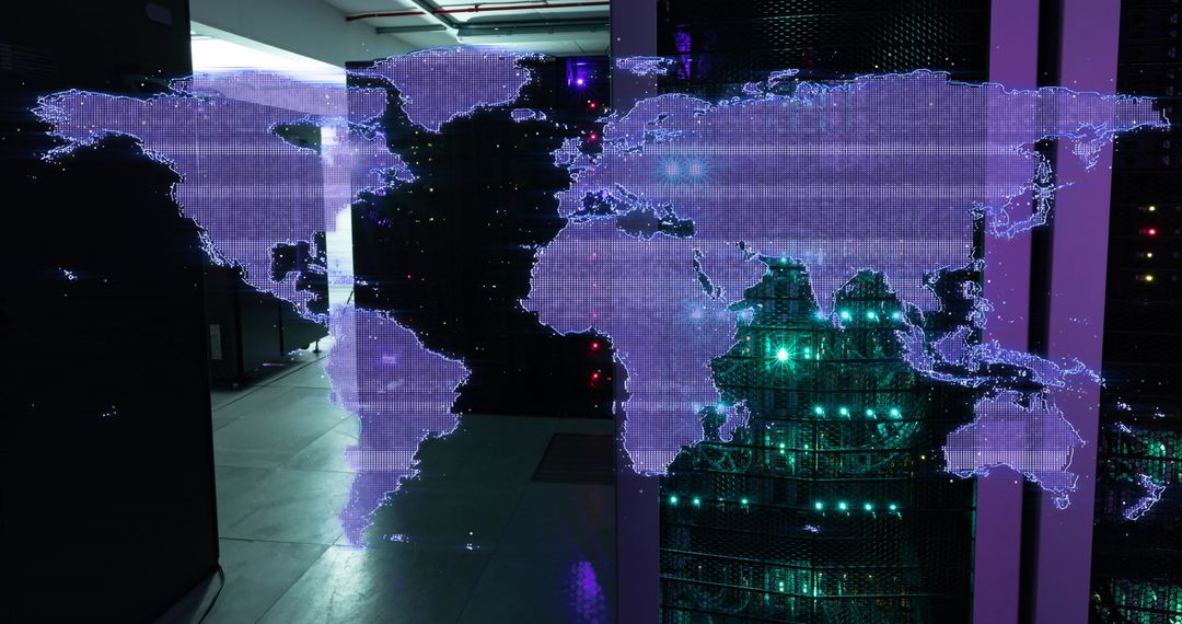 Glitch World Map and Server Room Representing Global Data Networks