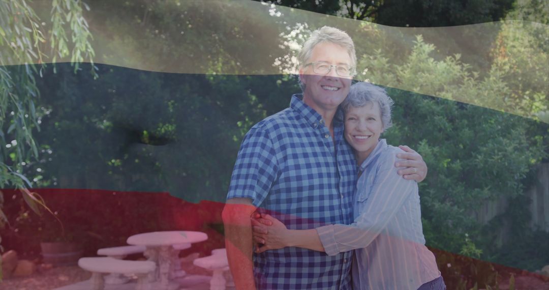 Senior Couple Embracing with Russian Flag Overlay in Garden
