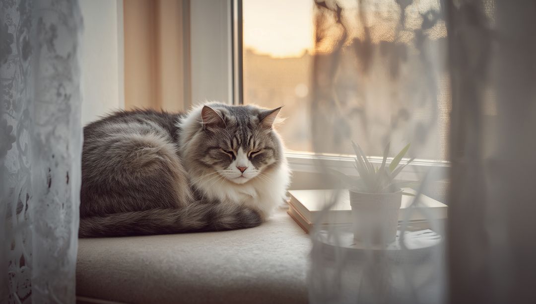 Fluffy Gray White Cat Lounging on Window Sill at Sunset with Succulent and Books