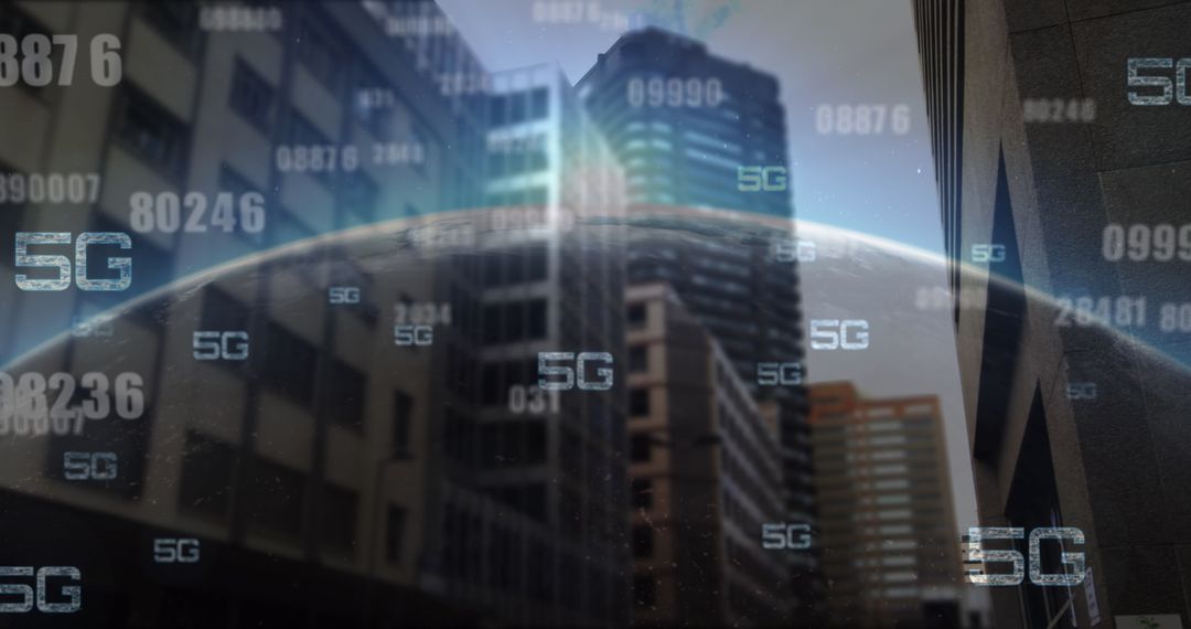 Futuristic 5G Technology Overlay on Urban Cityscape