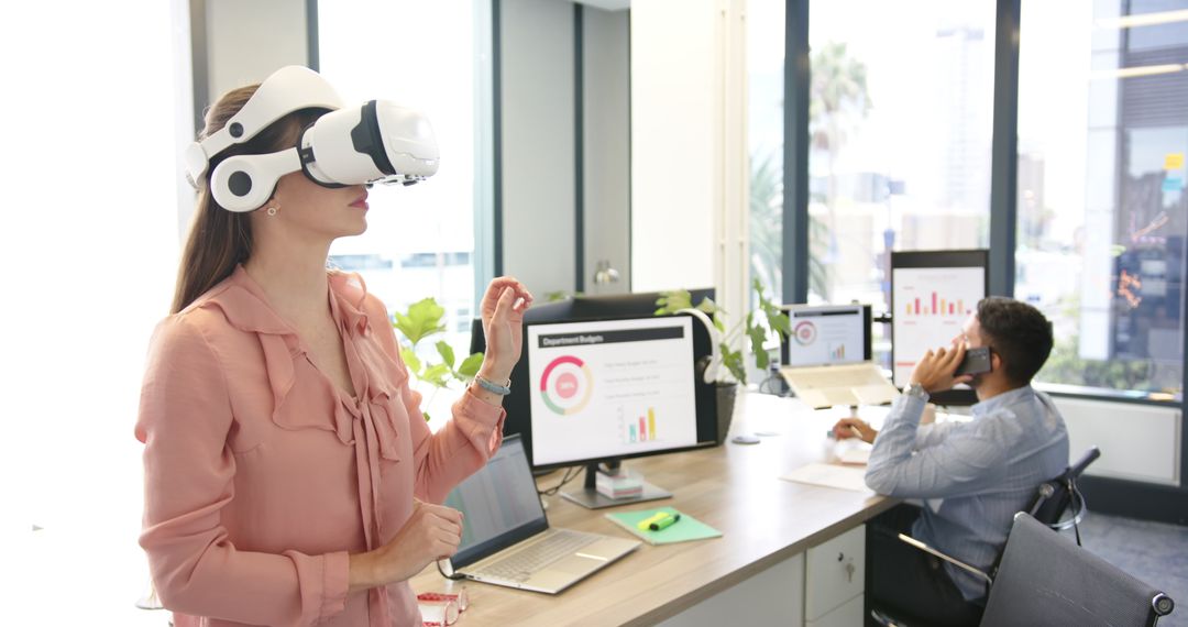 Young Woman Using VR Headset in Modern Office Environment