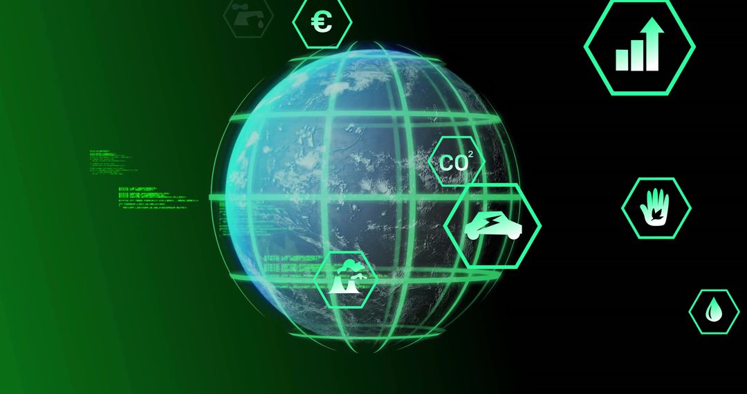 Futuristic Earth Globe with Neon Grid and Hex Icons in Virtual Space