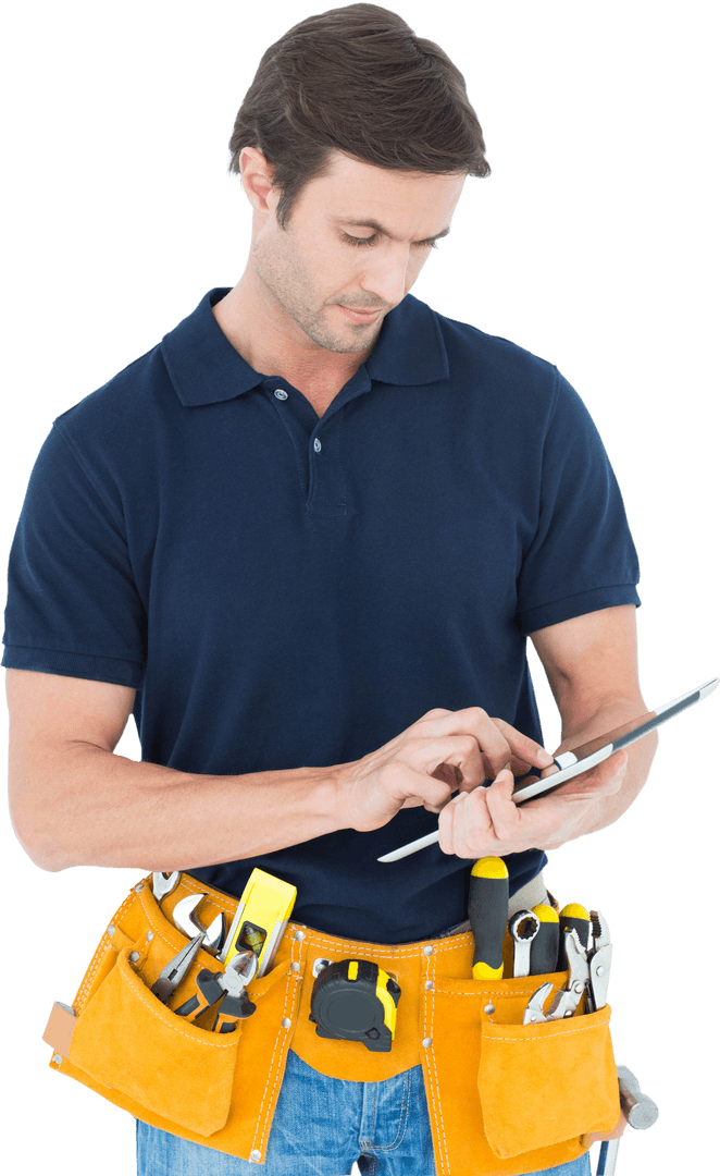 Transparent Handyman Using Tablet with Tool Belt