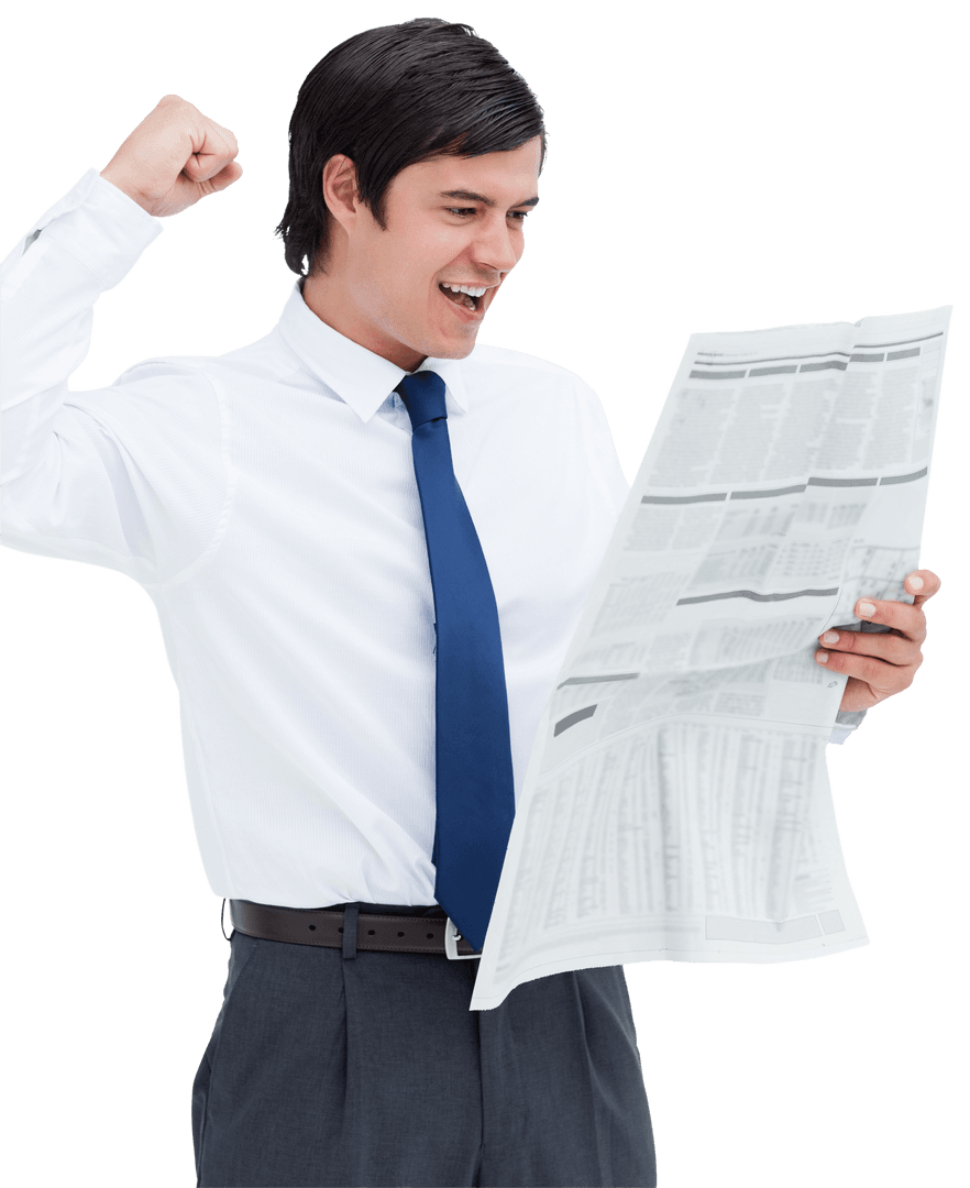 Cheerful Businessman Celebrating Success with Newspaper on Transparent Background