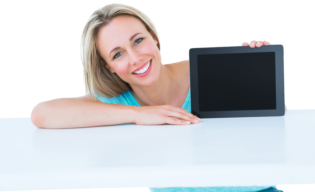 Transparent Digital Device Display by Smiling Woman