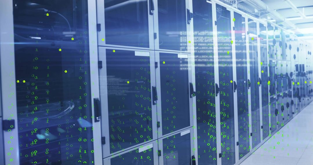 Glass-Front Server Racks Streaming Green Binary Overlay in Futuristic Data Center Aisle